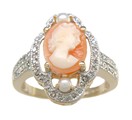 LDS OV CAMEO & PEARL W/DIAMOND RING